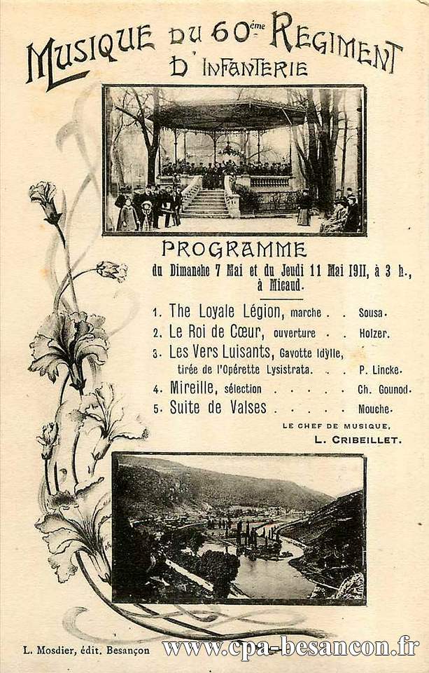 MUSIQUE DU 60ème RÉGIMENT D'INFANTERIE - Programme du Dimanche 7 Mai et du Jeudi 11 Mai 1911, à 3 h., à Micaud.